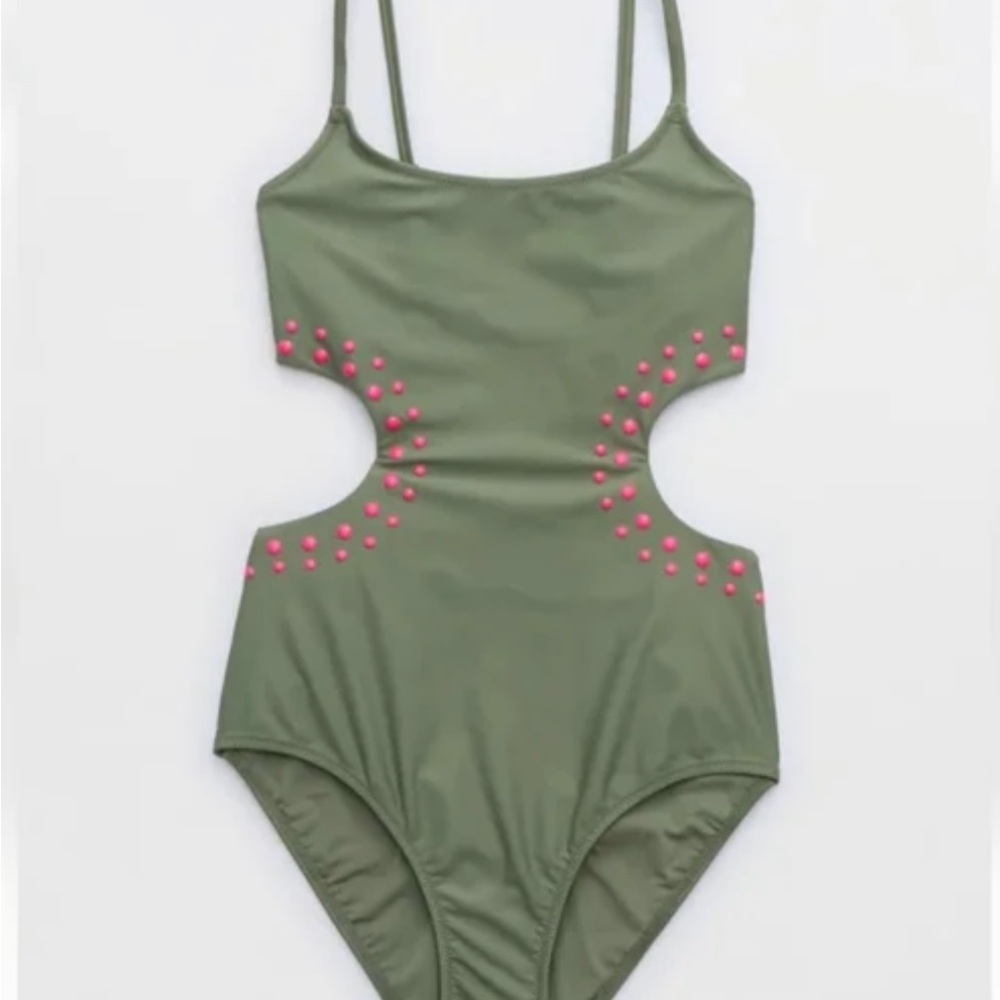 Aerie Stylish Olive Green Cutout Swimsuit with Pink Accents